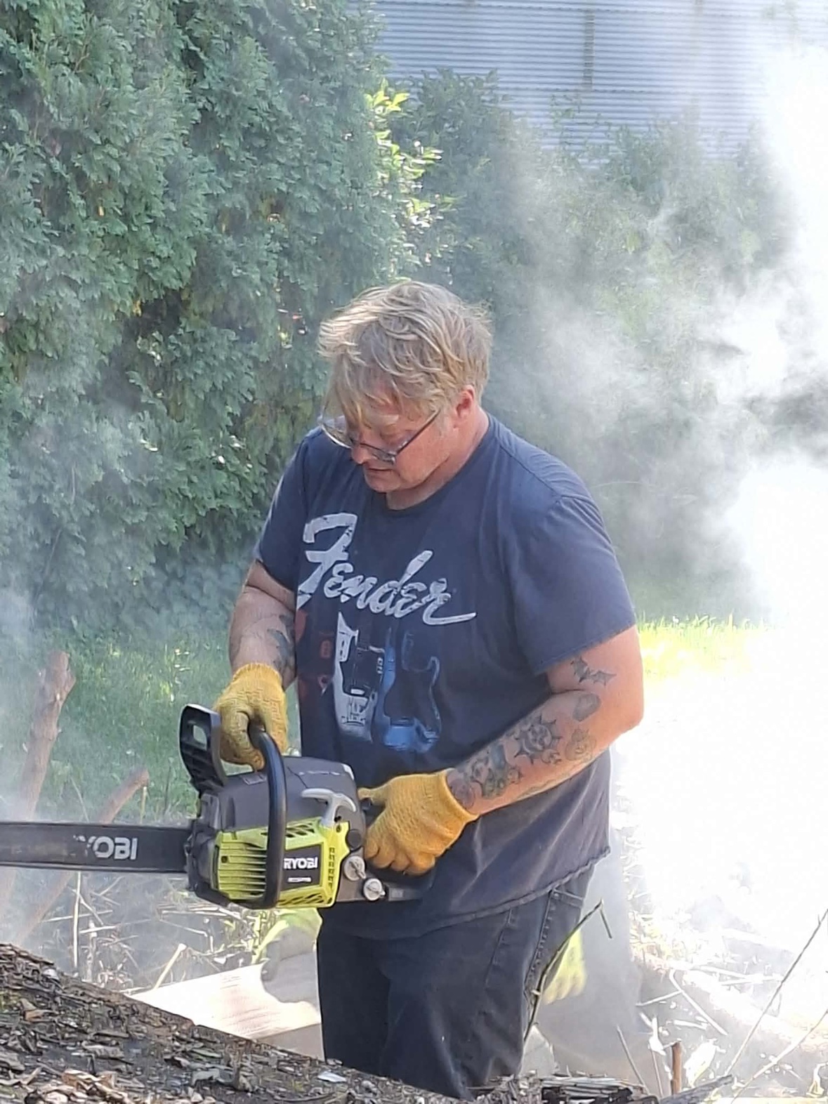 Chainsaw action shot during demolition